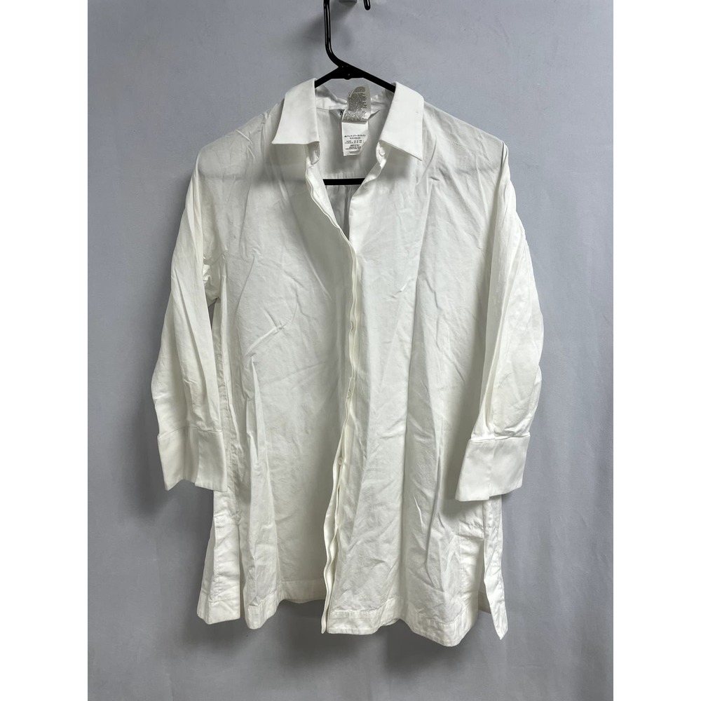 MAX MARA Cotton Poplin Button Down Shirt Side Slit 3/4 Sleeve White Women's 8